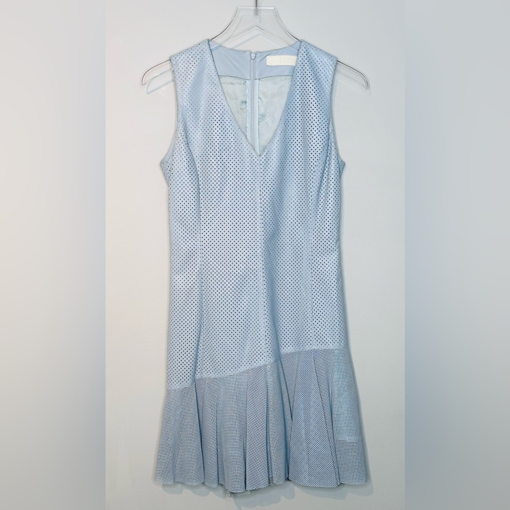 DROMe Light Blue Perforated Leather Sleeveless Mini Dress.